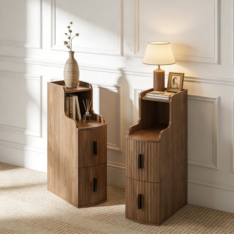 Fluted Narrow Nightstand With 2 Drawers,slim Wooden Bedside Table For Bedroom,set Of 2,walnut