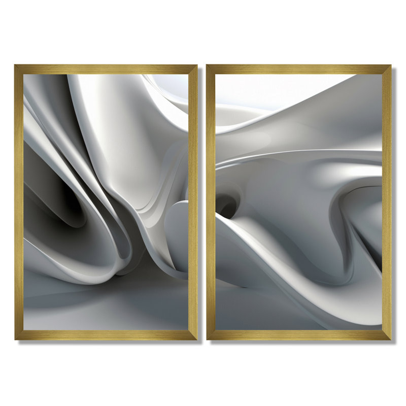 «White Black Contemplative Abstraction - Abstract Modern Waves», impression sur toile abstraite blanche, 2 pièces, Doré