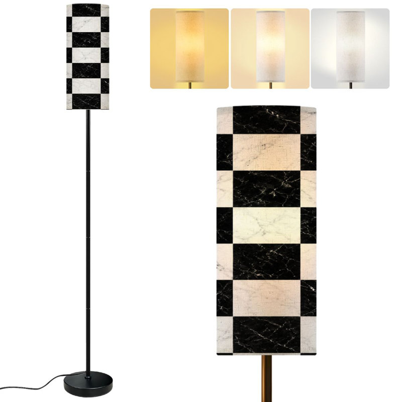  68.5" Standing Floor Lamp Seamless black white checker chess board marble tile Kitchen bathroom Dimmable Metal Pole Lamp with Linen Lampshade LED Bulb Included