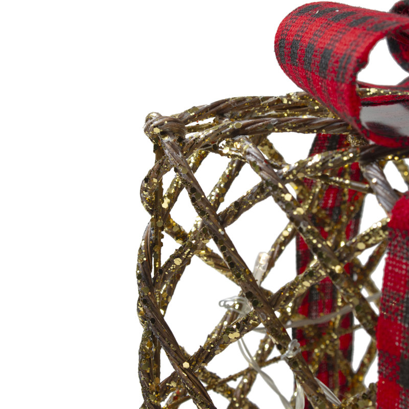 Rustic Rattan Christmas Gift Boxes with Pinecones and LED Lights - Set of Three
