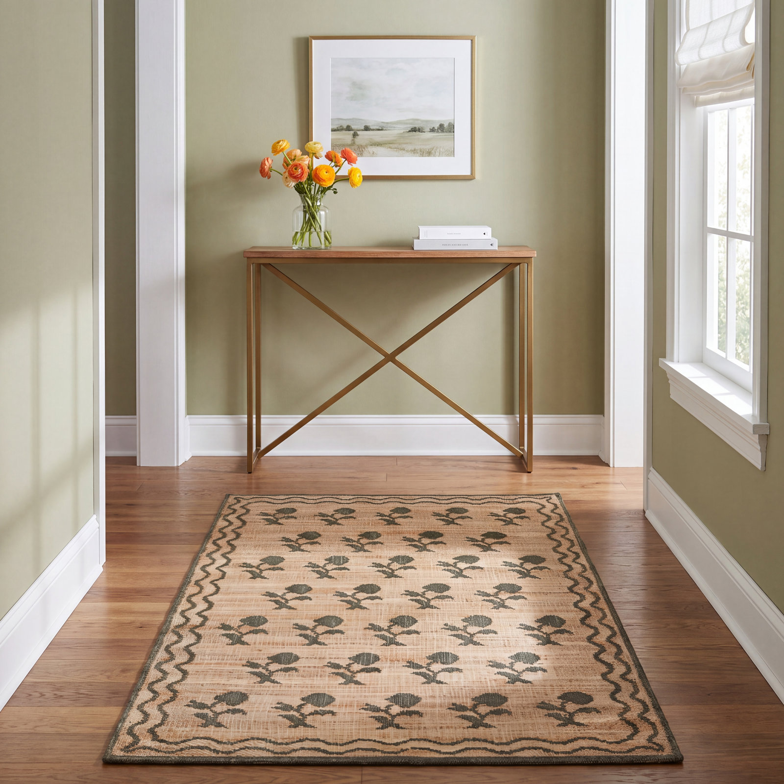 Orchard Green Hand-Woven Floral Jute Rug, Rectangle 5' x 8'