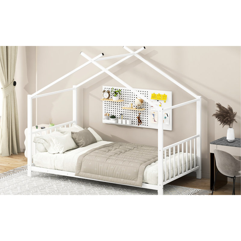 Twin Size Metal House Platform Bed In White - Stylish Bedroom Feature. Build. No Box Spring. Easy Assembly. 77''L X 40.8''W. 250Lbs Capacity. 6-8'' Mattress Suggested. 18Pcs Slats. Slats Contemporary