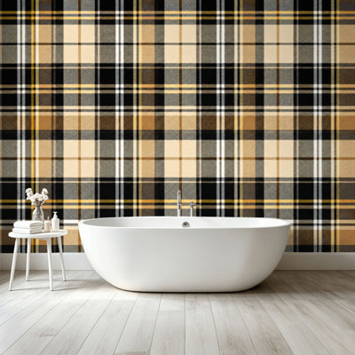 Papier peint adhésif pelez et collez Tartan à carreaux brun doré beige noir art moderne à chevrons auto-adhésif et amovible