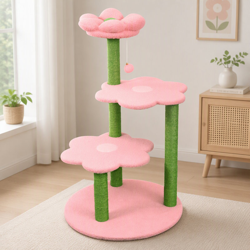 Multi-Level Flower Cat Tree with Scratching Posts and Interactive Hanging Toys