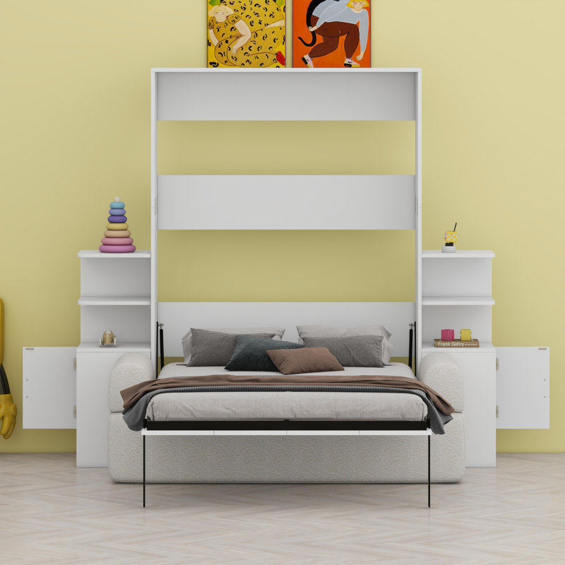 Système de lit convertible mural avec sièges de salon et compartiments de rangement, Blanc