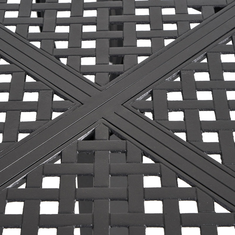 Table de salle à manger en aluminium avec texture tissée, ton antique noir mat, support en fonte, style extérieur 59,44 x 28,23, apparence, stable