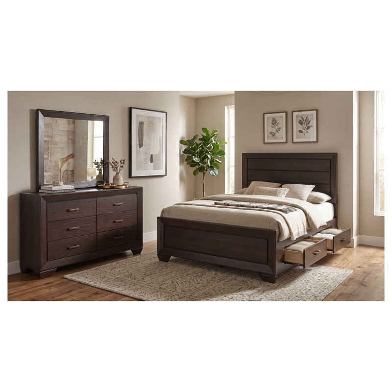 Ensemble de chambre à coucher 3 pièces Brennan Dark Cocoa Queen avec lit de rangement, commode et miroir