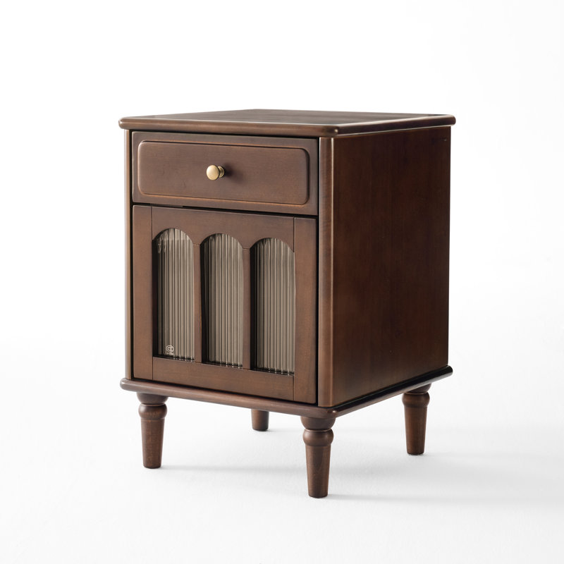 23"H Traditional Solid Wood Nightstand with Fluted Glass Door, Drawer-Left, Left Door, Poplar & Expresso