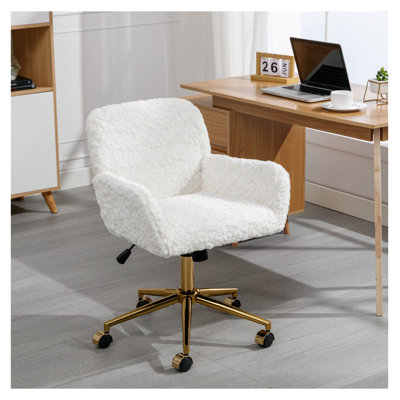  Fauteuil de bureau, fauteuil de bureau en poils de lapin artificiel avec base en métal doré, fauteuil de bureau pivotant réglable, fauteuil de coiffeuse, beige