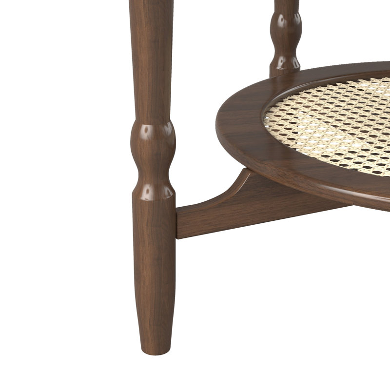 Table basse Aoviv en bois massif avec tablette en rotin et incrustation en verre craquelé