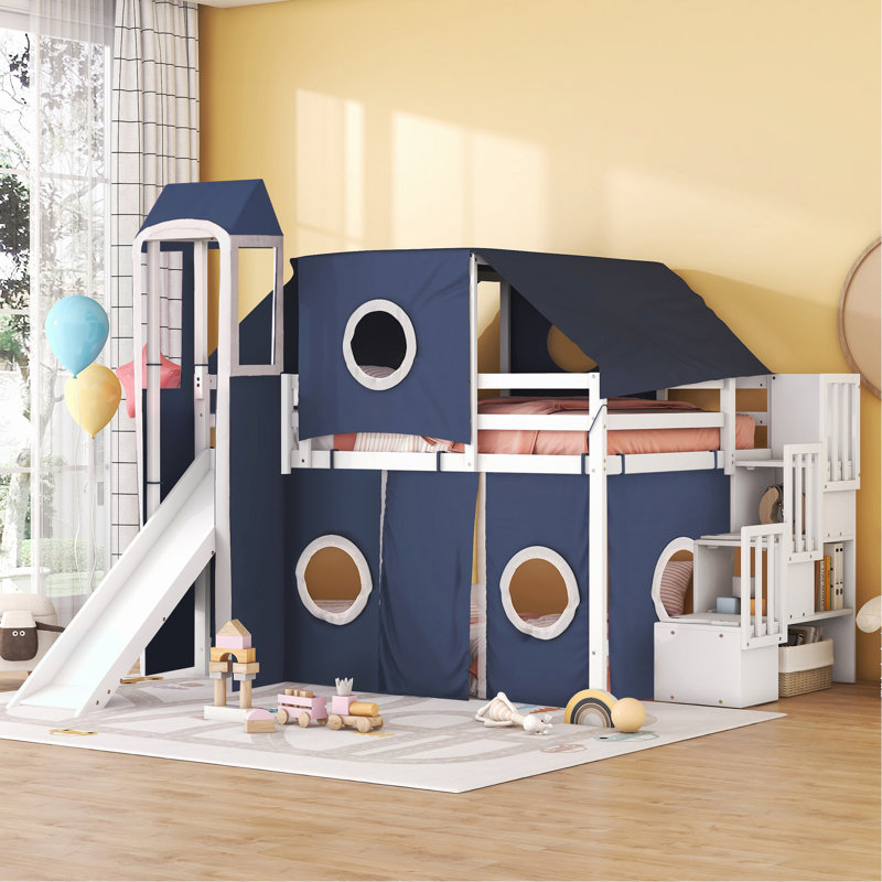 Wooden Loft Bed For Bedroom, Full, Blue