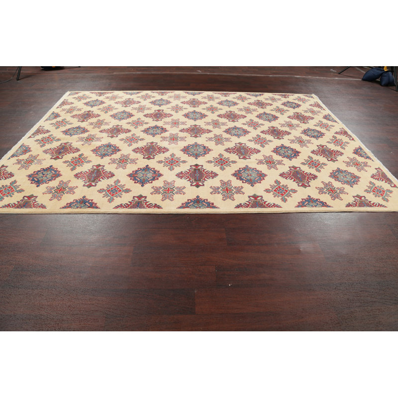Tapis unique en laine noué à la main Kazak beige de 6 pi 9 po x 9 pi 9 po Nishchal