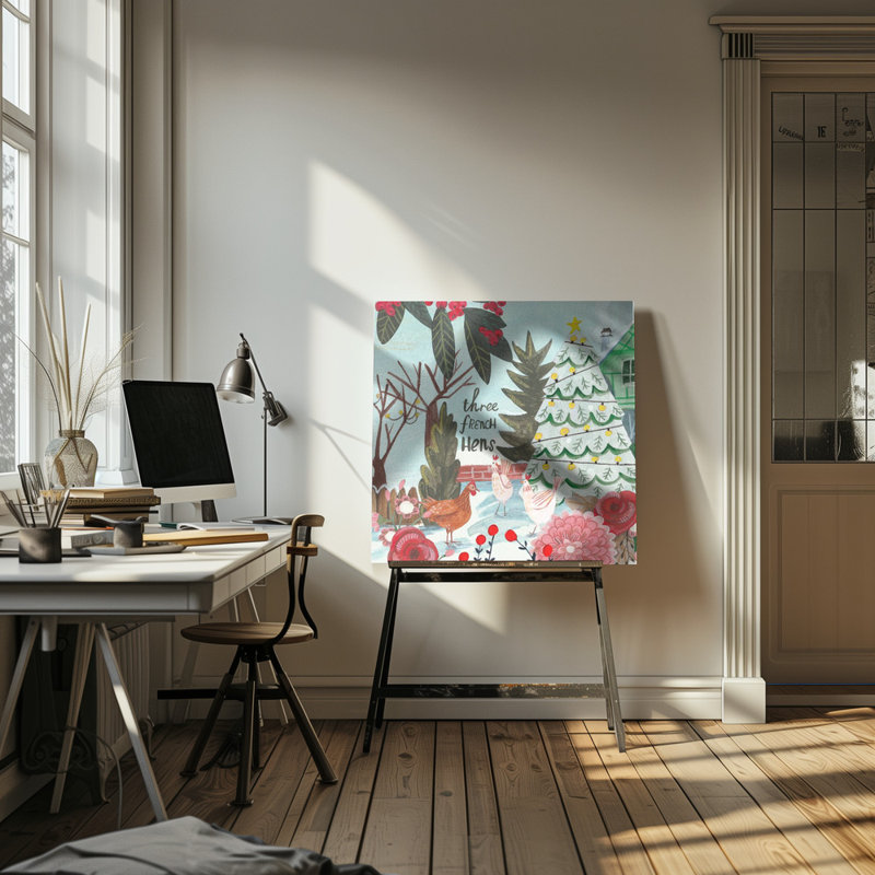 "Three French Hens", art mural sur toile tendue, H 16 po x l 16 po