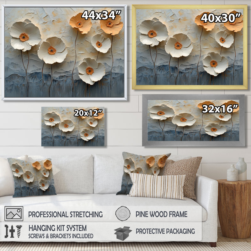 Art mural orange et blanc avec coquelicots II - Coquelicots, H 16 po x l 32 po, Cadre simple blanc