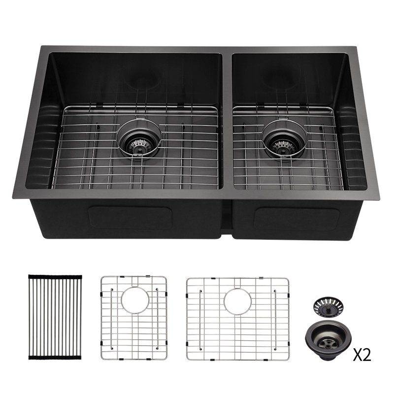 Évier de cuisine encastré à double cuve (60/40) - Évier de cuisine à double cuve de calibre 16 avec deux cuves profondes de 10 po