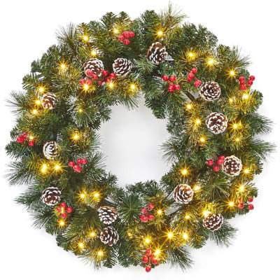 Couronne de Noël 24 po avec 50 lumières DEL, pommes de pin givrées et baies, décoration de porte à piles
