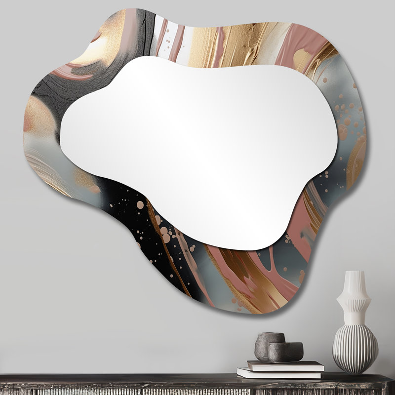 Abstract Gold and pink Liquid ink circles I - Liquid Ink Cloud Wall Mirror, Modern Asymmetrical Decorative Mirror, Printed Metal Art