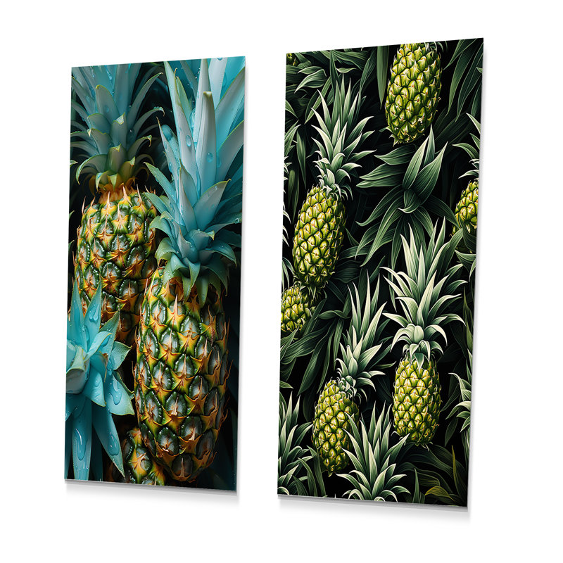 Ananas vert et bleu Paradise I - ensemble d'animations murales en métal ananas, H 32 po x l 32 po