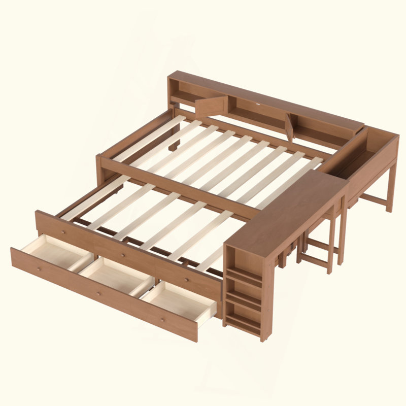 Lit de jour avec couchette, cadre de lit de jour en bois avec tiroirs de rangement, tablettes latérales et bureau, Lit simple