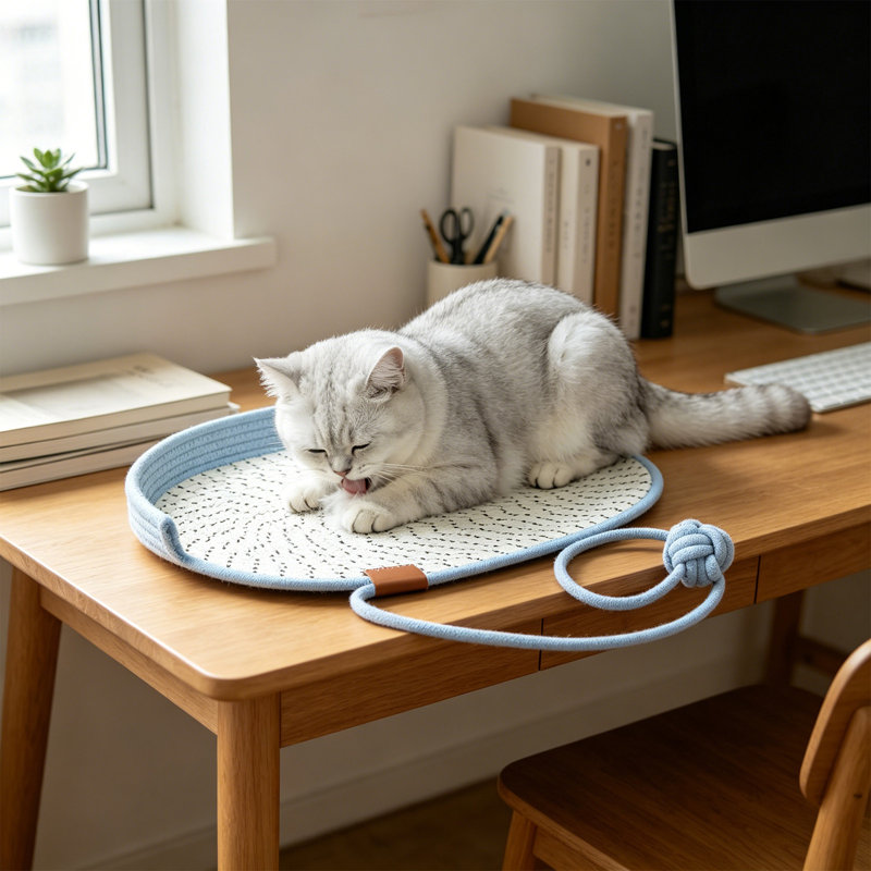 Tapis de lit pour animal de compagnie avec corde à gratter et corde rayée 15,7 x 21,7 po Summer Cool, Bleu clair