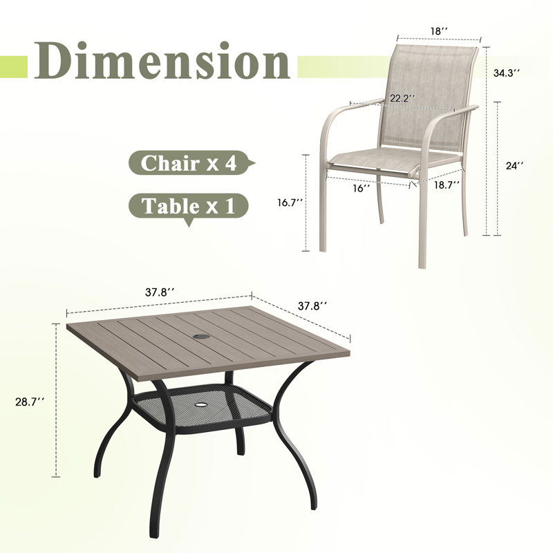 4-Person Square Patio Dining Set With Stackable PVC-coated polyester Chairs, Sandshell/Brush Wood Gray