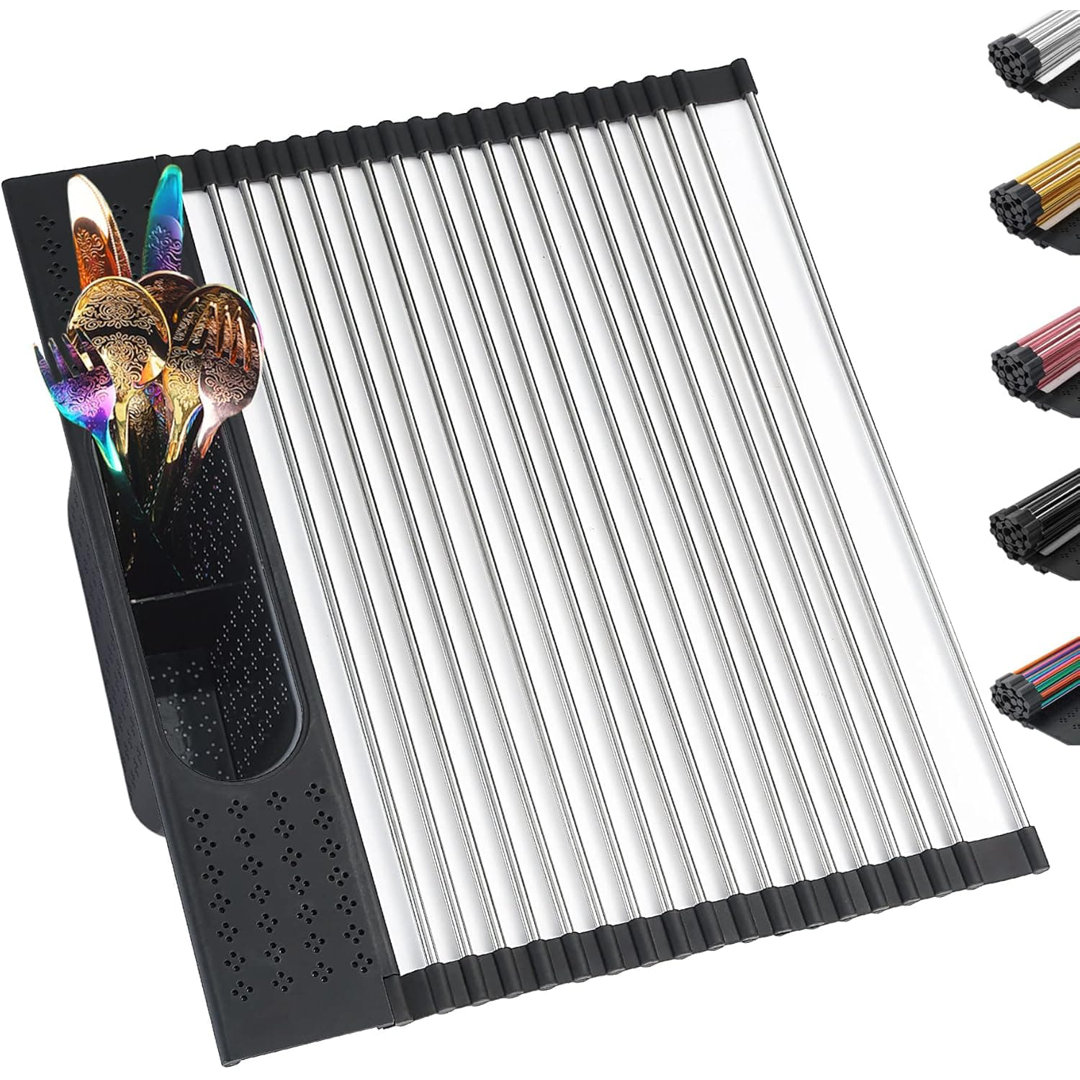 Over-Sink Dish Drying Rack | 17.5"×15" Rollable Stainless Steel | Removable Basket | Kitchen Sink Organizer