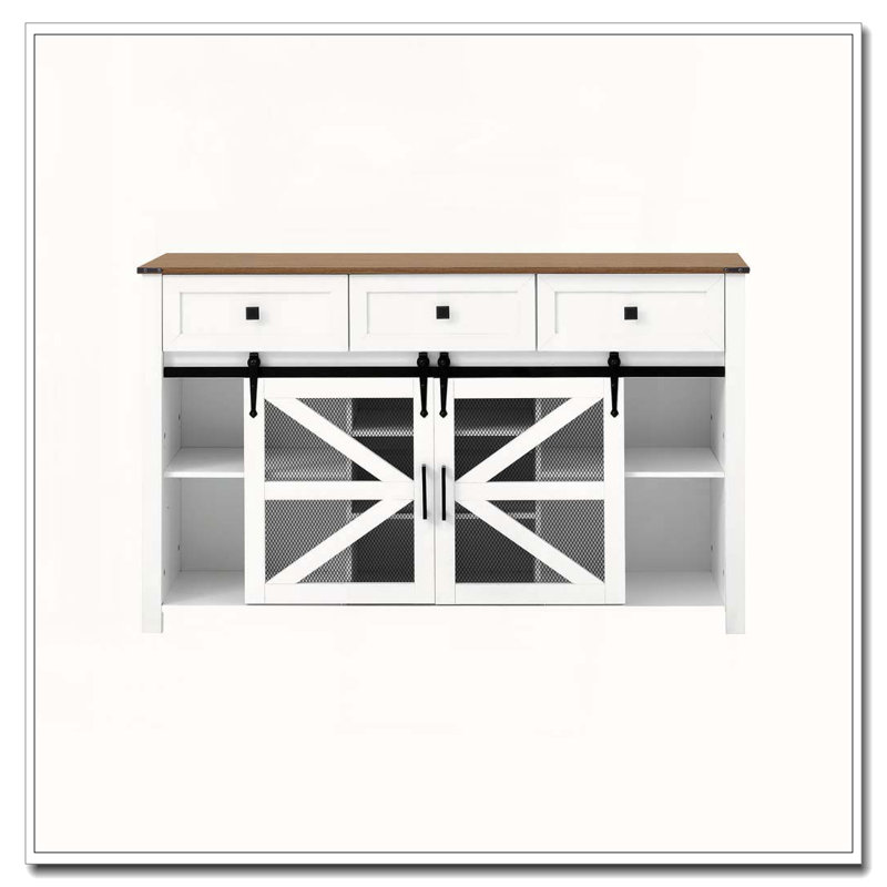Sliding Barn Door Sideboard With 3 Drawers, Particle Board & Metal Mesh Storage Cabinet With Aluminum Handles & Metal Accents For Living Room, Dining Room