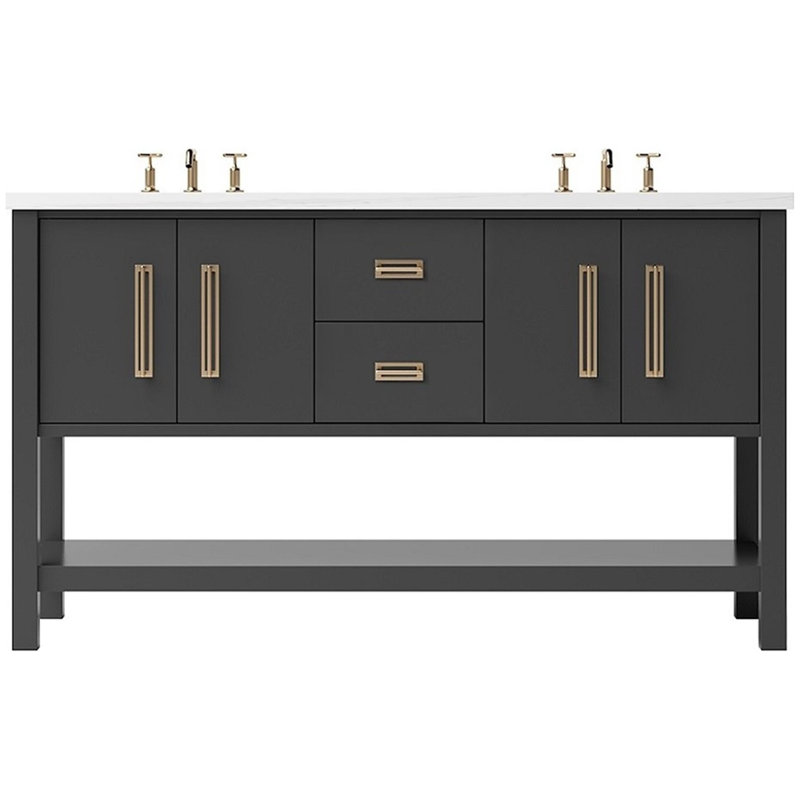 Meuble-lavabo double Kiawah, Noir cassé, Or satiné, 60"