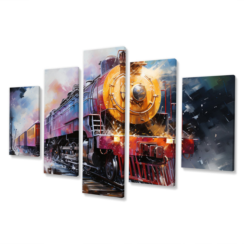 Voyage abstrait train chromatique II - transport mural art salon - 5 panneaux