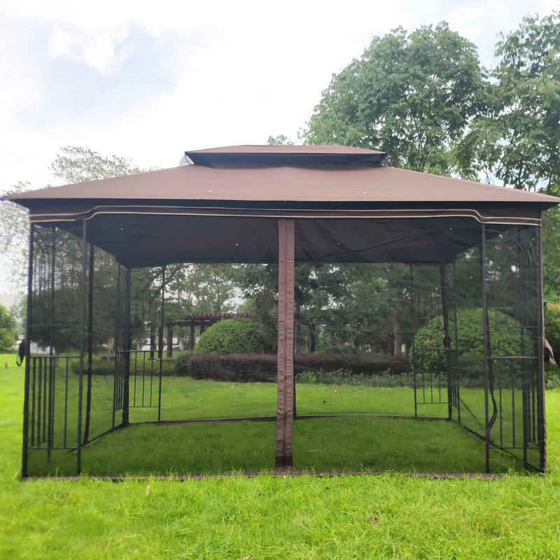Pavillon de jardin extérieur 13 x 10 avec matériau et quatre mailles - toit de terrasse imperméable brun