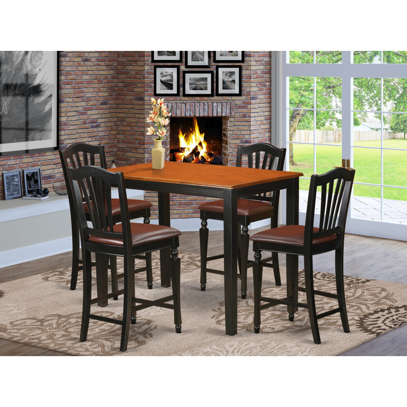 5 Piece Counter Height Pub Set Includes a Rectangle Dining Room Table and 4 Faux Leather Upholstered Kitchen Chairs, Black & Cherry