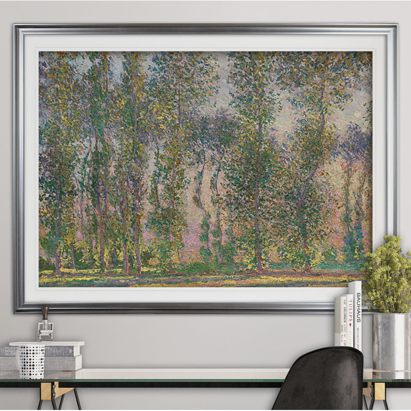 «Poplars at Giverny», reproduction de peinture à l'huile, H 20 po x l 24 po x P 1,5 po, Cadre argenté, Blanc mat