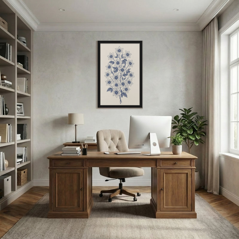 Plantes et fleurs à motif floral bleu sur fond crème, H 24 po x l 16 po