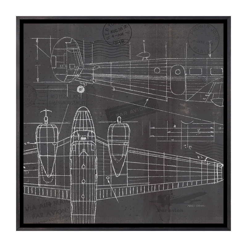 «Plane Blueprint II» par Marco Fabiano - impression d'art graphique, H 18 po x l 18 po x 1,5 po, Toile avec cadre noir patiné