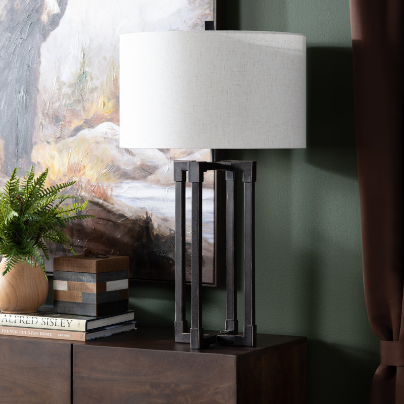 32" Bronze Textured Metal Table Lamp with Oatmeal Linen Drum Shade