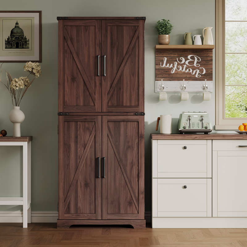 72" Farmhouse Kitchen Pantry Storage Cabinet With 12 Door Shelves, 6 Adjustable Shelves and 1 Hidden Drawer, Brown
