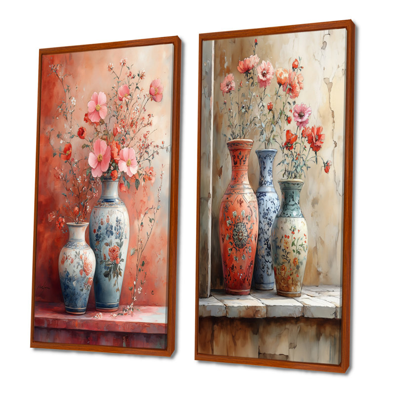 Ensemble de 2 vases en céramique rose I, H 28 po x l 24 po, Cadre flottant brun
