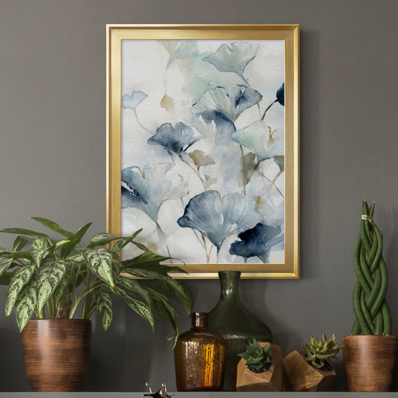 Indigo Ginkgo II - peinture sur toile encadrée, H 18,5 po x l 24,5 po x P 1,5 po, Or