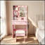 Table de coiffeuse avec miroir, lumières DEL réglables, prise de courant, support pour sèche-cheveux et tabouret-133292925
