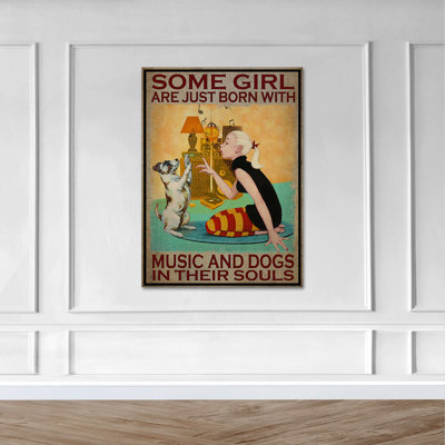 Girl Playing With Her Dog - Some Girls Are Just Born With Music And Dogs Gallery Wrapped Canvas - Animal Illustration Decor, Black Living Room Decor