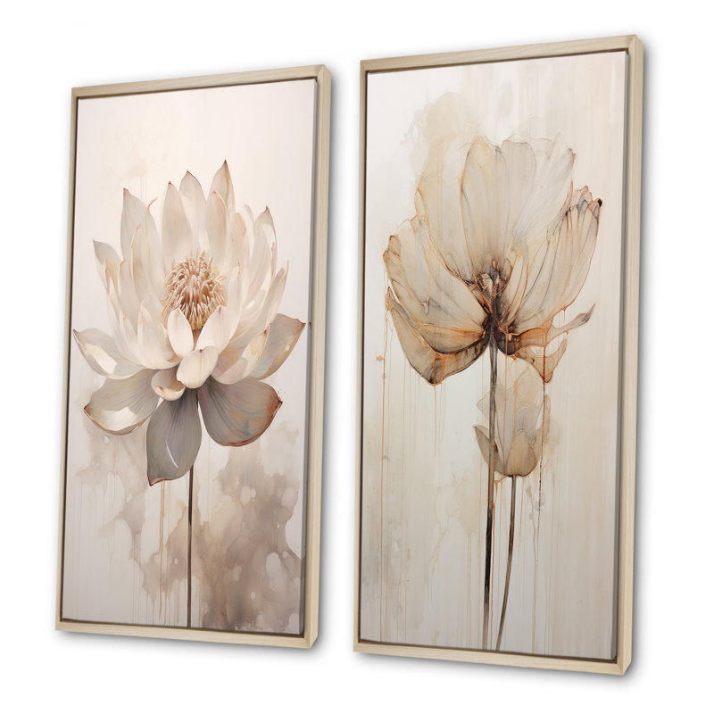 «Beige Lotus Reflections», ensemble d'art mural sur toile Lotus, Encadrement brun, H 28 po x l 25 po