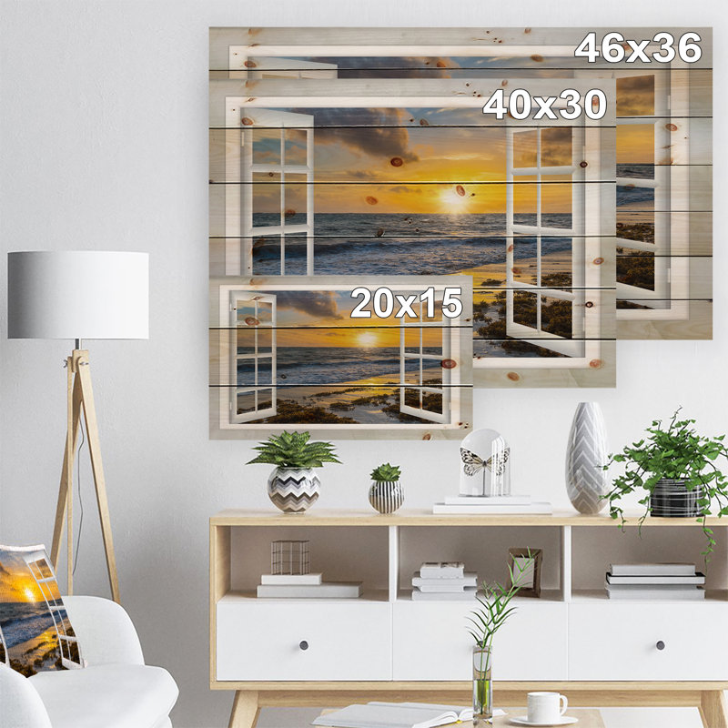 «Open Window to Bright Yellow Sunset», photographie, H 15 po x l 20 po x P 1 po, Bois