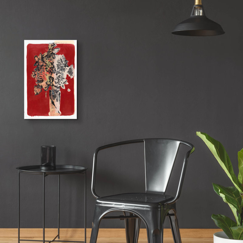 "Bouquet fond rouge" par Maria Pietri, H 24 po x l 16 po x P 0,2 po