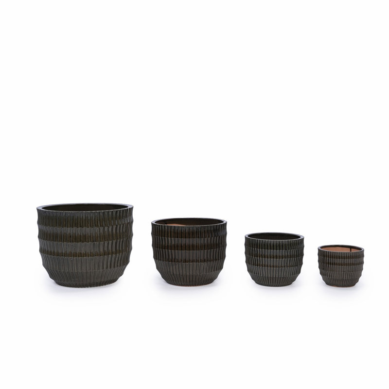 Set of 3 Fluted Ceramic Flowerpot, Modern Planter for Patio, Garden, Windowsill, Dark Coffee