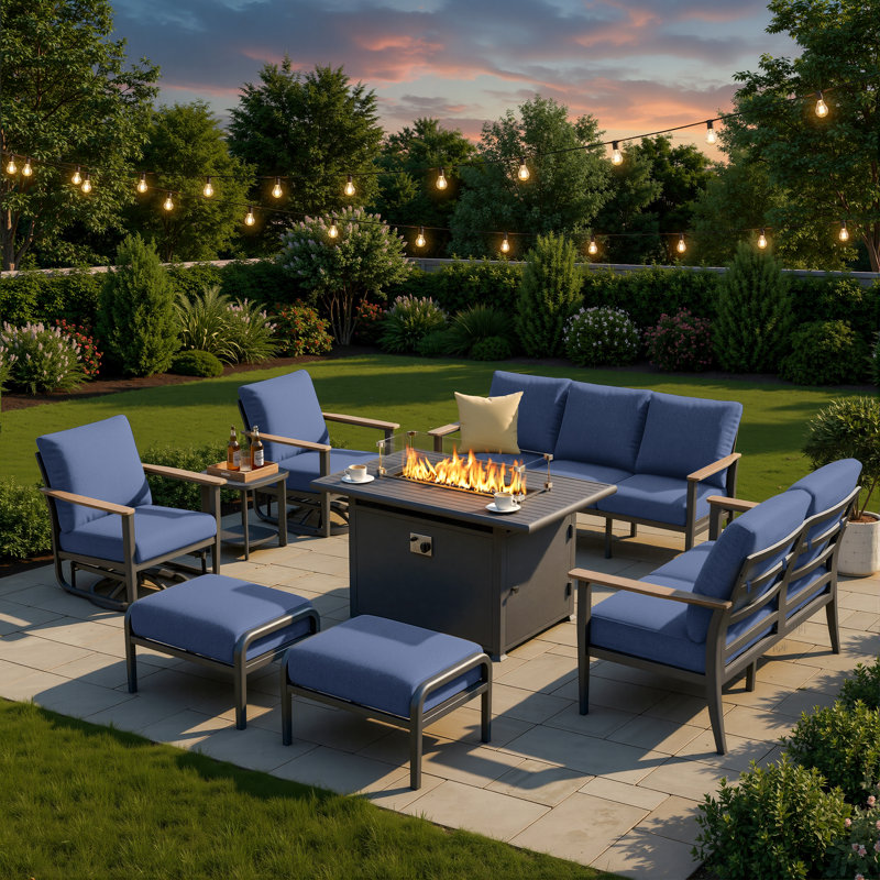 9-Person Aluminum Outdoor Patio Conversation Set With Propane Fire Pit Table, Swivel Rocking Chairs, Wood-Look Armrests & 5.12" Thick Cushions