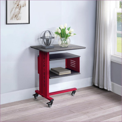 Table basse industrielle rouge avec base en métal et tablette murale, conception mobile pour le salon