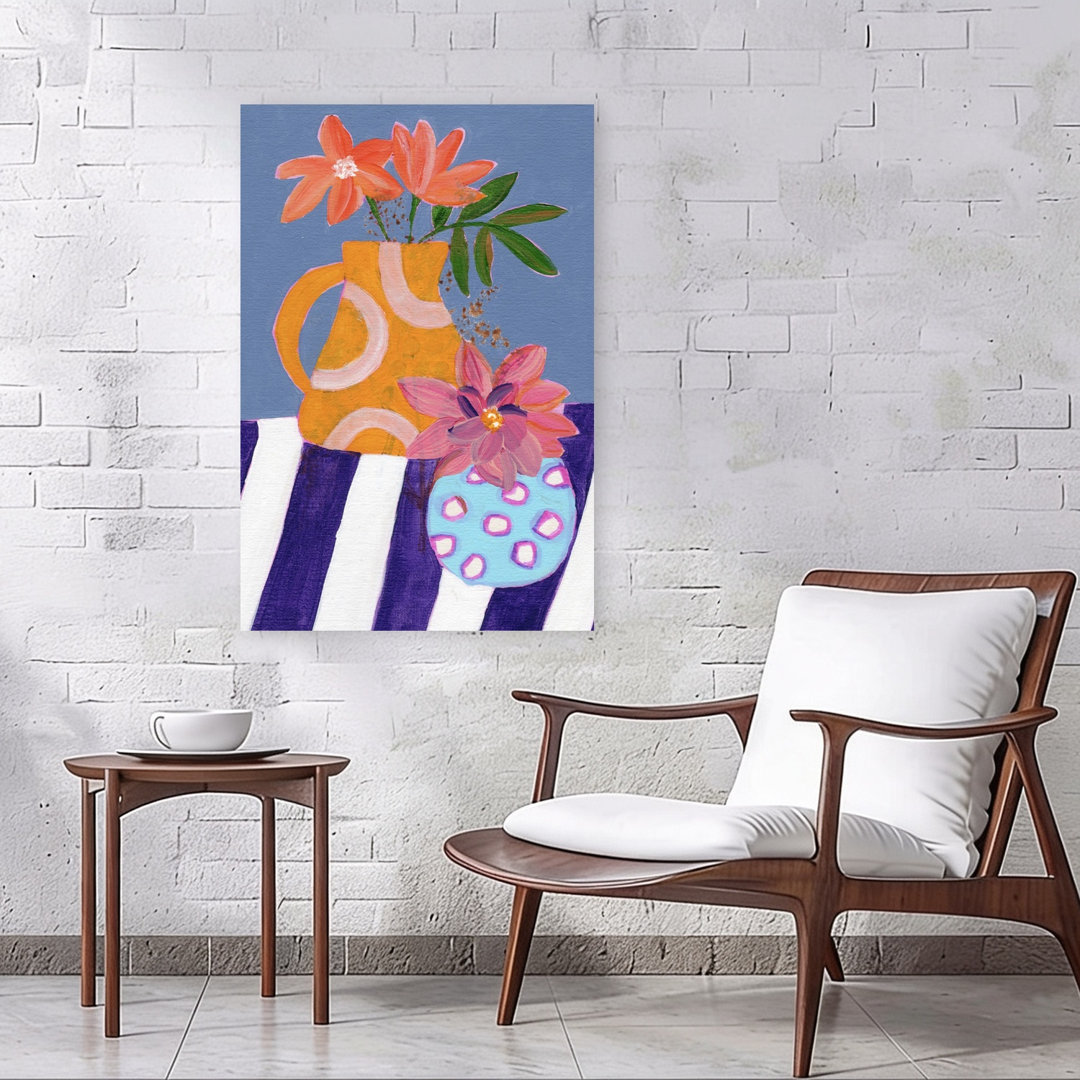 Vibrant Vases On Stripes Abstract Colorful Contemporary Flower Wall Art Print