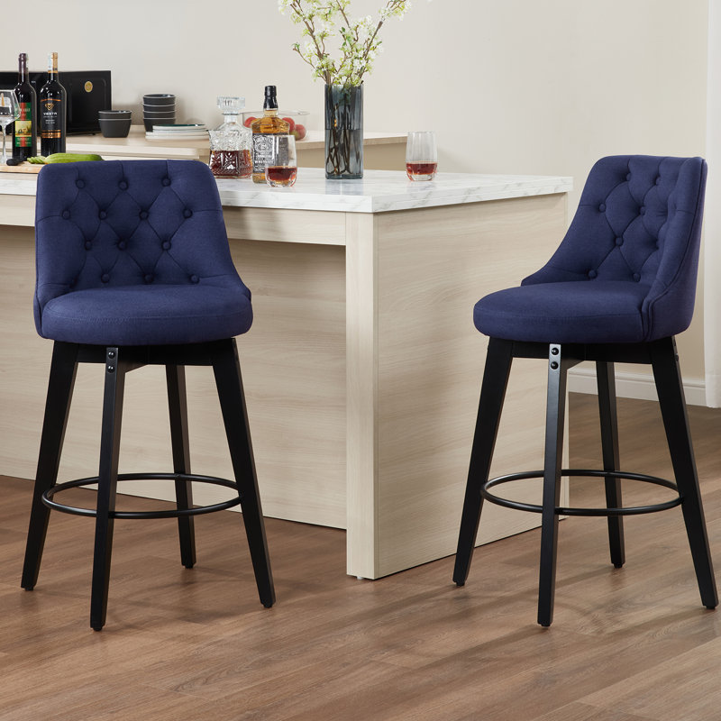 Aneshka Upholstered Button-Tufted Bar stool with Solid Wood Frame, Navy