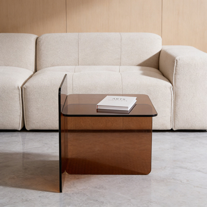 Modern Square Clear Tempered Glass Side Table with Cross Base and Minimalist Design, Brown