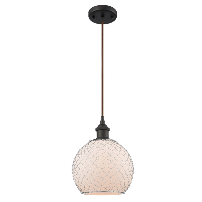 Luminaire sphère suspendu 1 lumières simple Egger, H 13 po x l 10 po x P 10 po, Blanc / Nickel, Bronze huilé